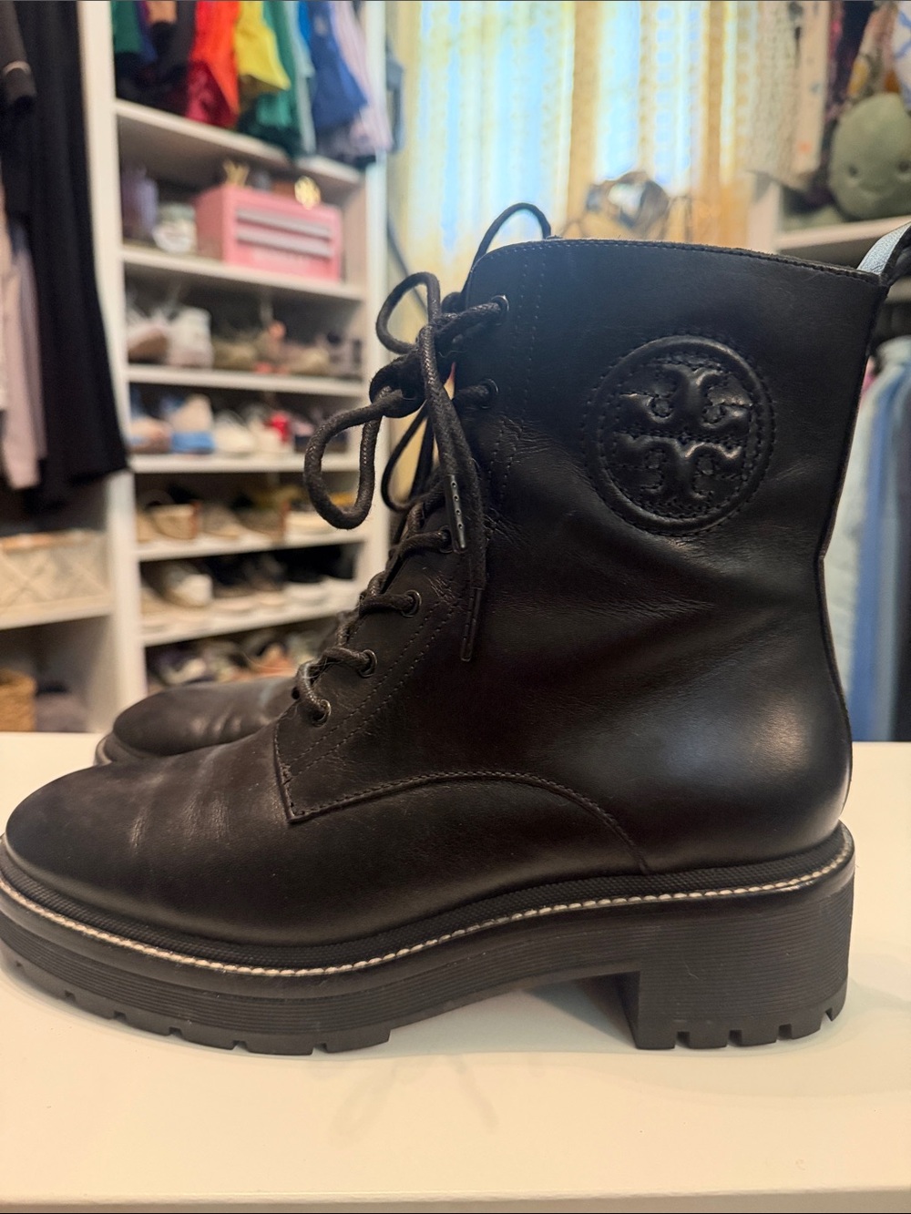 Tory Burch Combat Leather Lace-Up with Zip Boots in Black